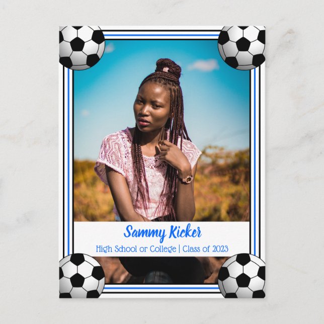 Postal De Anuncios Graduación en negro y azul de fútbol (Anverso)