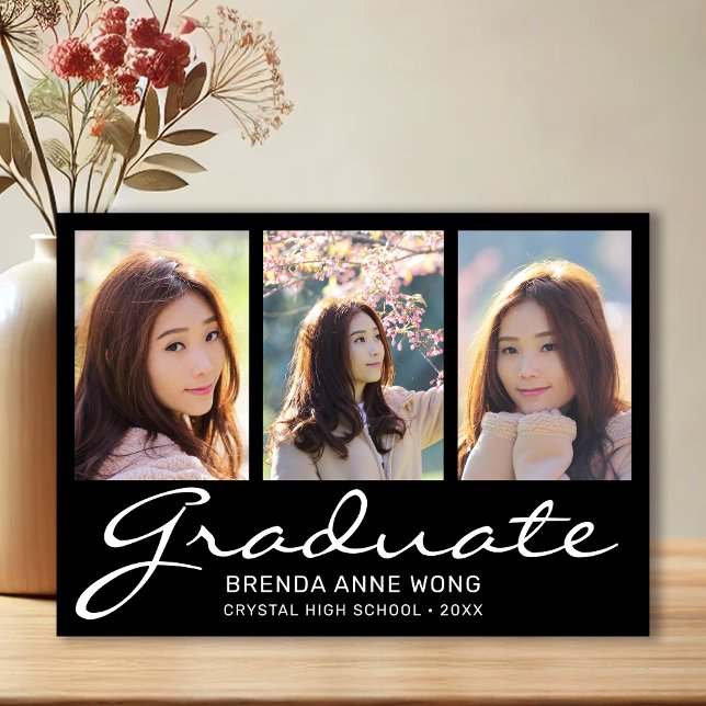 Postal De Anuncios Graduación moderna 3 Collage de fotos de escritura (Modern 3 Photo Black with White Script Graduation Announcement)