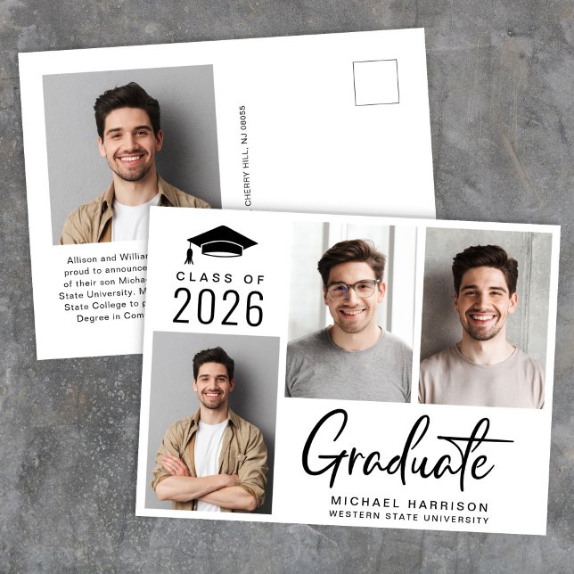Postal De Anuncios Graduación Moderna en Negrita y Script 3 Fotos (Modern 3 Photo Bold Script Graduation Announcement Postcard)