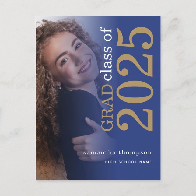 Postal De Anuncios Graduación Moderno Foto Oro Azul 2025 (Anverso)