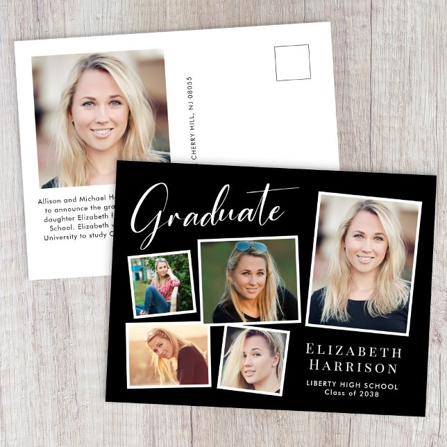 Postal De Anuncios Graduación negra de Collage de fotos moderno (Cherish the milestone: share your graduate's achievement with a custom photo graduation announcement)