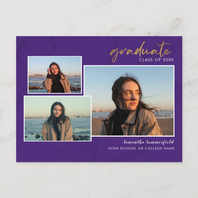 Postal De Anuncios Graduación púrpura de 3 guiones de Collage de foto (Anverso)