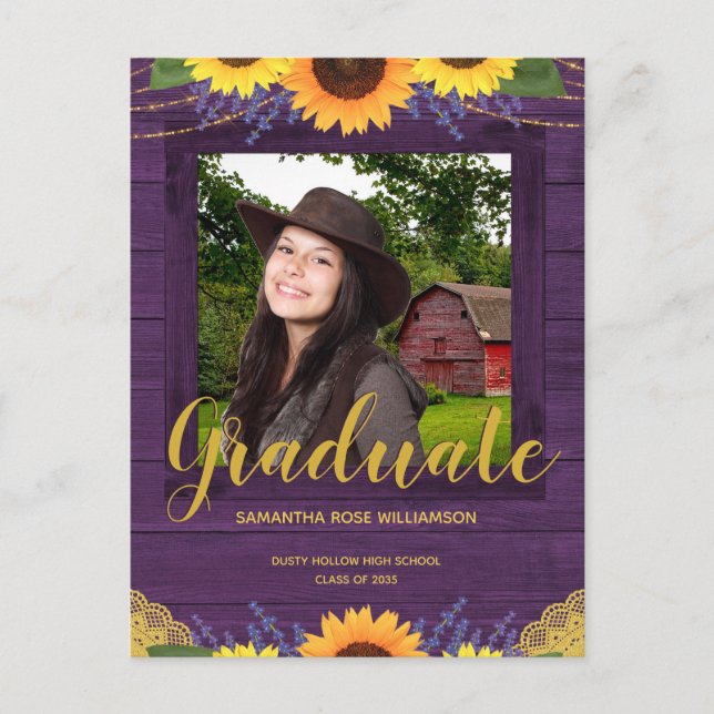 Postal De Anuncios Graduación Rustica de Fotografías: Morado de giras (Anverso)