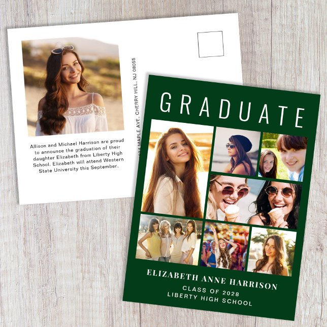 Postal De Anuncios Graduación verde de 8 fotos moderna (Subido por el creador)