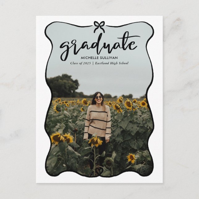 Postal De Anuncios Graduado Script Cute Bow Heart Frame | Foto (Anverso)