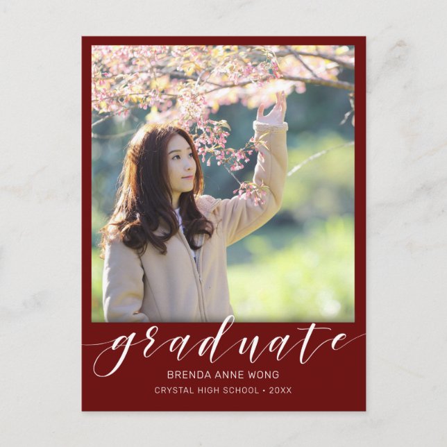 Postal De Anuncios Graduation Photo Modern White Script Maroon 2023 (Anverso)