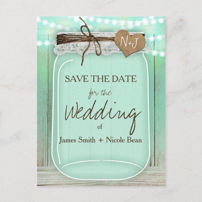 Postal De Anuncios Gran frasco de menta Mason + luces rústicas Save t (Anverso)