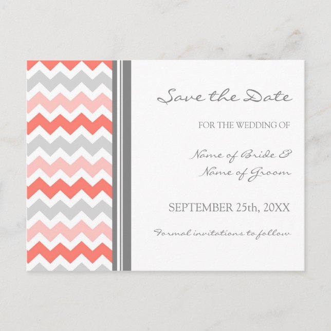 Postal De Anuncios Gray Coral Chevron Save the Date Boda Postcards (Anverso)