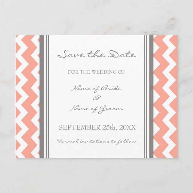 Postal De Anuncios Gray Coral Chevron Save the Date Boda Postcards (Anverso)