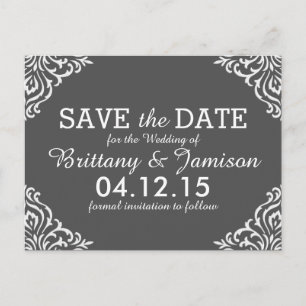 Postal De Anuncios Gray Damask Elegant Save the Date Postcard
