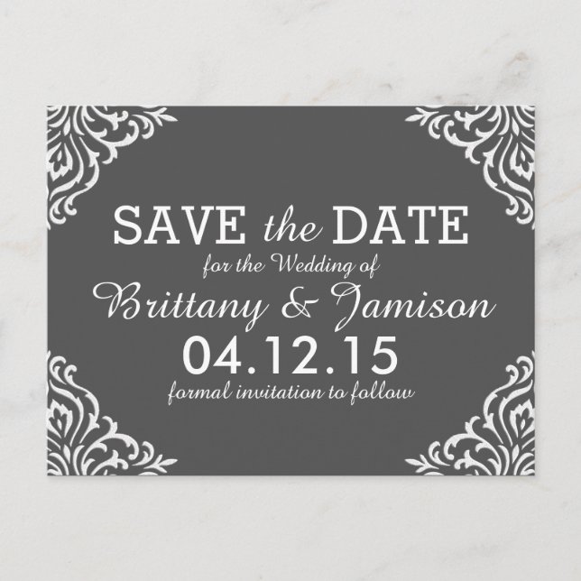 Postal De Anuncios Gray Damask Elegant Save the Date Postcard (Anverso)
