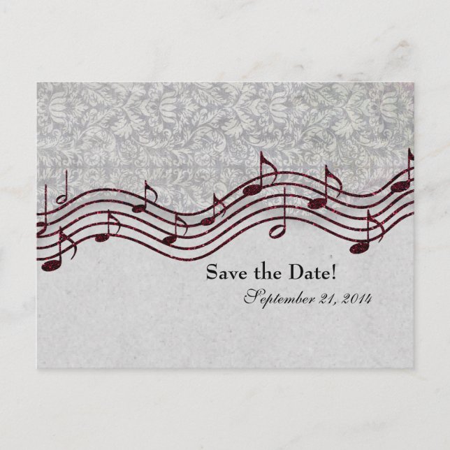 Postal De Anuncios Gray Damask Red Music Save the Date (Anverso)