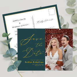 Postal De Anuncios Green Elegant Gold Script Moderno Ahorra La Fecha