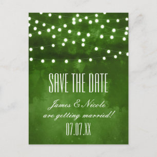Postal De Anuncios Green Forest String Lights Save Date Postcard