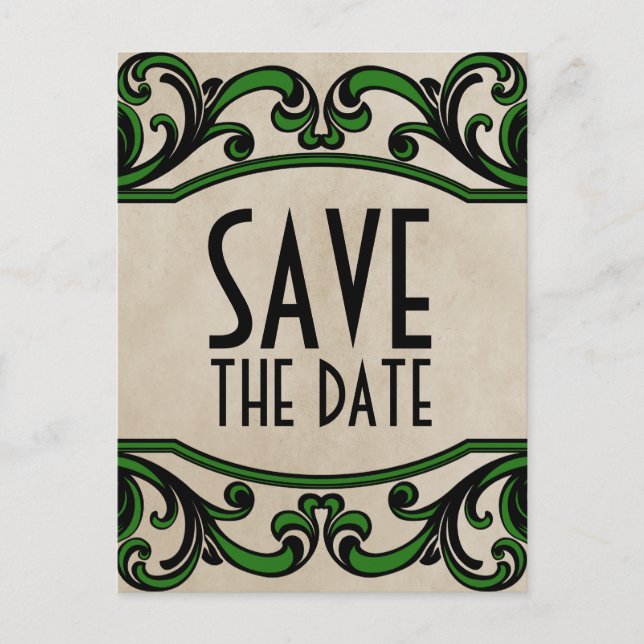 Postal De Anuncios Green Gothic Swirls Save the Date Postcard (Anverso)