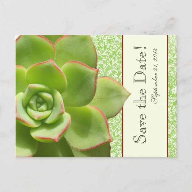 Postal De Anuncios Green Succulent Vintage Damask Ivory salva la fech (Anverso)
