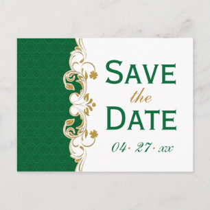Postal De Anuncios Green White Gold Scrolls Save the Date Postcard