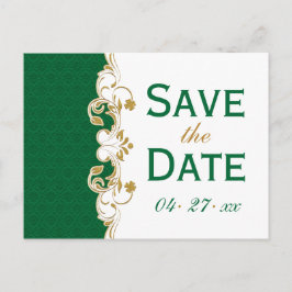Postal De Anuncios Green White Gold Scrolls Save the Date Postcard