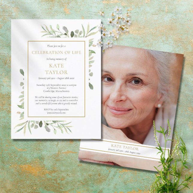 Postal De Anuncios Greenery Celebration of Life Photo Invitation (Subido por el creador)