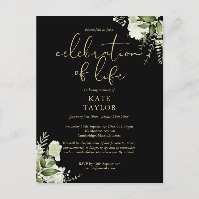 Postal De Anuncios Greenery Floral Black And Gold Celebration of Life (Anverso)