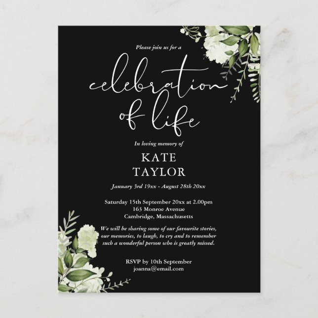 Postal De Anuncios Greenery Floral Celebration of Life Memorial (Anverso)