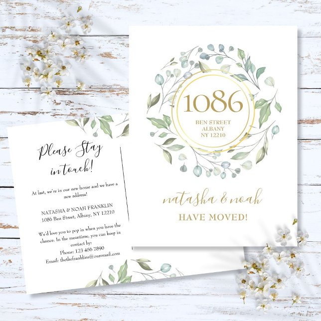 Postal De Anuncios Greenery Garland Gold Nueva dirección que hemos mo (Greenery Garland Gold New Address We've Moved Anno Announcement Postcard)