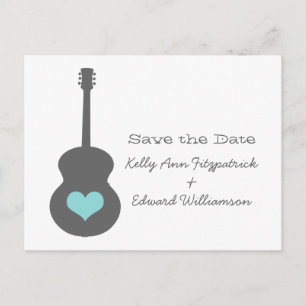 Postal De Anuncios Gris/Aqua Guitar Heart Save the Date Postcard