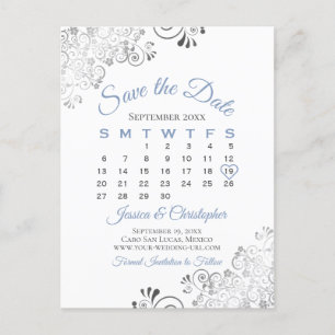Postal De Anuncios Gris azul en la boda blanca Guardar el calendario