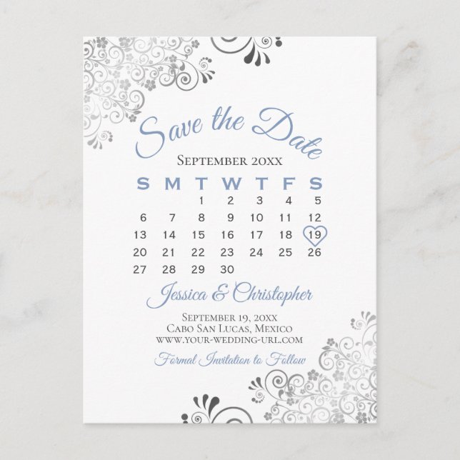 Postal De Anuncios Gris azul en la boda blanca Guardar el calendario  (Anverso)