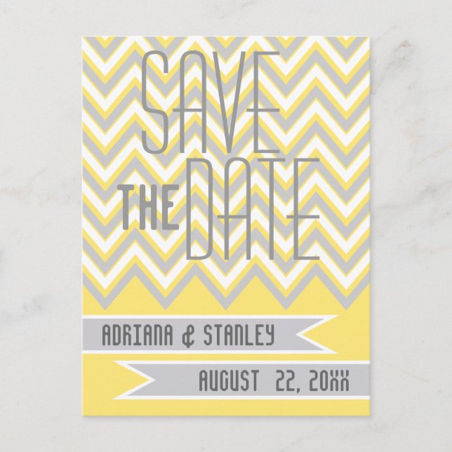 Postal De Anuncios Gris chevron moderno, boda amarilla Salven la fech (Anverso)