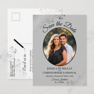 Postal De Anuncios Gris Plateado Fantasía Boda Guardar la Fecha Foto 