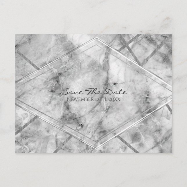 Postal De Anuncios Gris y Marble Blanco Glam Elegant Save the Date (Anverso)