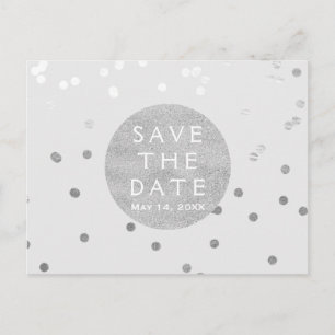 Postal De Anuncios Gris y plata brillantes puntos de confeti Save The