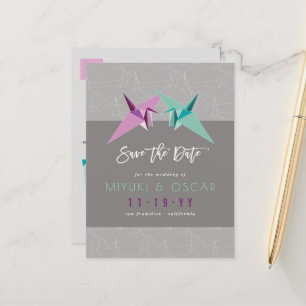 Postal De Anuncios Grúas De Papel Púrpura Y Verde Origami Guardan La 