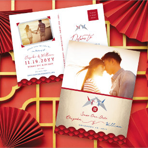 Postal De Anuncios Grullas de papel rojas y azules Boda asiática Save
