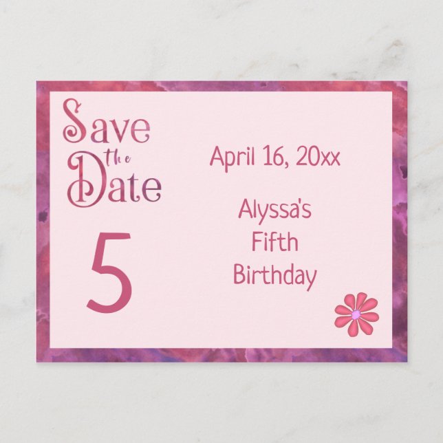 Postal De Anuncios Guarda la Fecha 5º Cumpleaños para una Niña (Anverso)