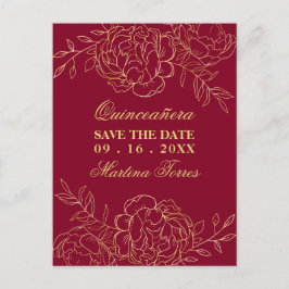 Postal De Anuncios Guarda la Fecha Burgundy y Oro Floral de Arte Refi