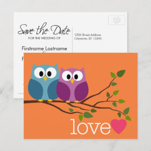 Postal De Anuncios Guarda la Fecha con Adorable Pareja de Búhos