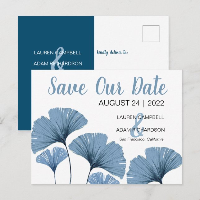 Postal De Anuncios Guarda Nuestra Fecha Boda Azul y Blanco (Anverso / Reverso)