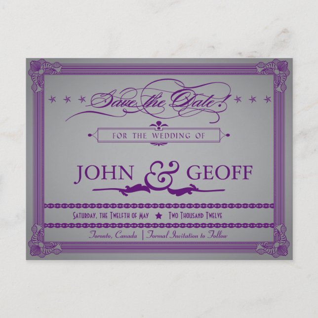 Postal De Anuncios Guardar fecha al estilo de cartel Aubergine y gris (Anverso)