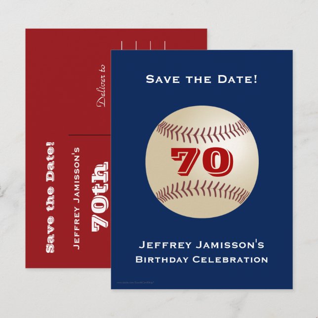 Postal De Anuncios Guardar Fecha Cumpleaños 70 Fiesta Béisbol (Anverso / Reverso)