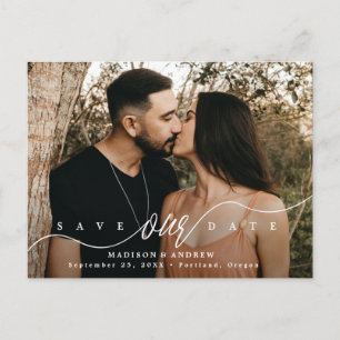 Postal De Anuncios Guardar Fecha de Boda con Foto en Letra Florecida