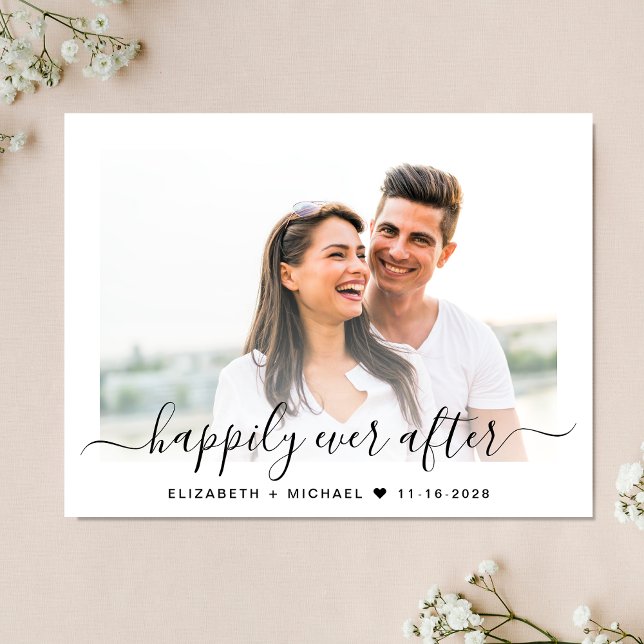 Postal De Anuncios Guardar Fecha de Foto con Letra Estilosa (An elegant Happily Ever After save the date to set the tone for an unforgettable event)