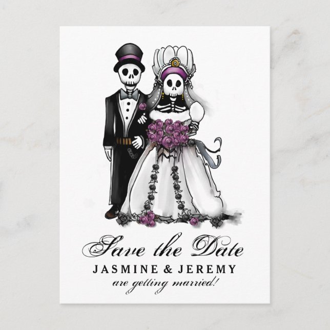 Postal De Anuncios Guardar fecha Halloween Skeletons Purple PostCard (Anverso)
