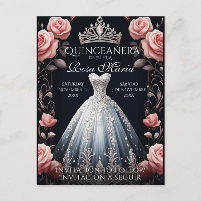 Postal De Anuncios Guardar Fecha/ Reserva Spanish Quinceañera Rosas (Anverso)