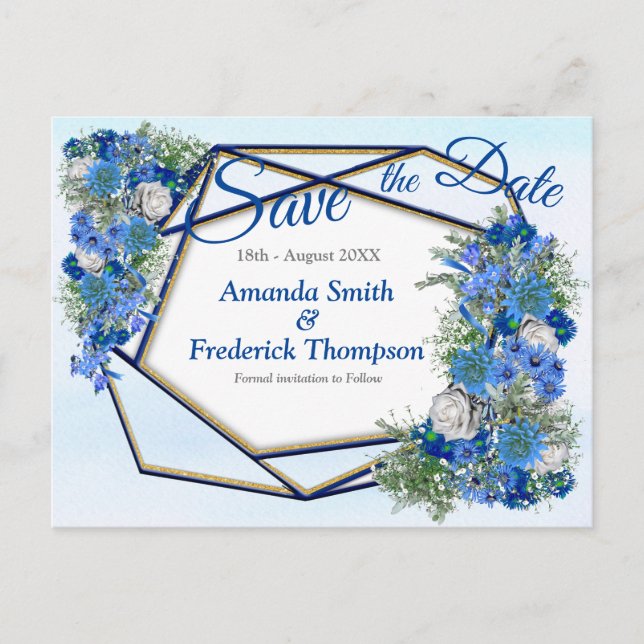 Postal De Anuncios Guardar fechas Geometric Gold-Navy y flores azules (Anverso)