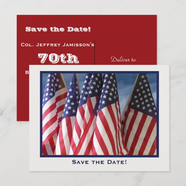 Postal De Anuncios Guardar la fecha 70 cumpleaños, Banderas Americana (Anverso / Reverso)