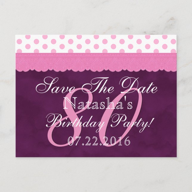 Postal De Anuncios Guardar la fecha 80 cumpleaños Pink Purple Lace V6 (Anverso)