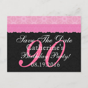 Postal De Anuncios Guardar la fecha 90 cumpleaños encaje rosa y negro