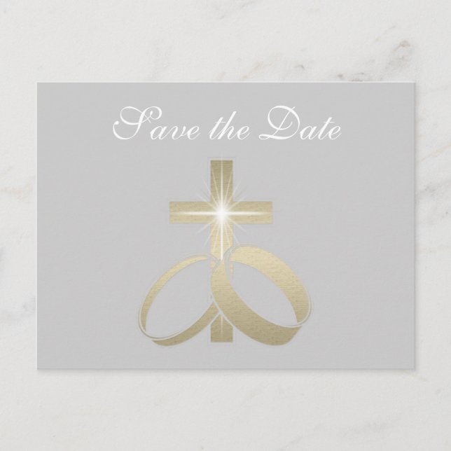 Postal De Anuncios Guardar la fecha Anillos de boda de oro y cruz (Anverso)